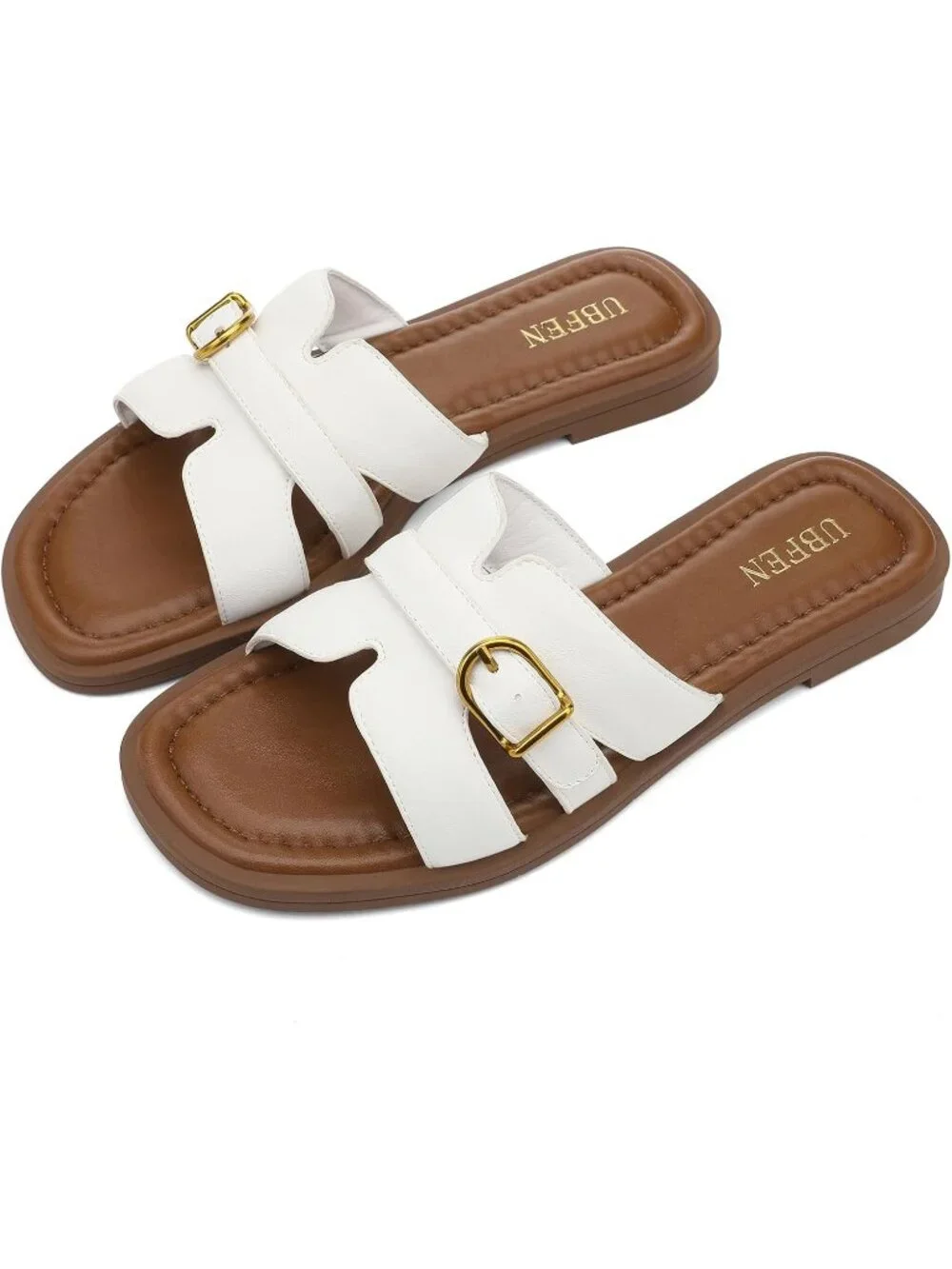 Women's All White Square Toe Flat Sandals Slides Dressy Comfortable for Casual